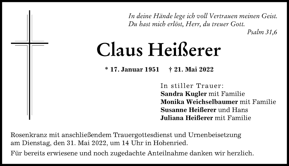 Traueranzeige von Claus Heißerer von Aichacher Nachrichten