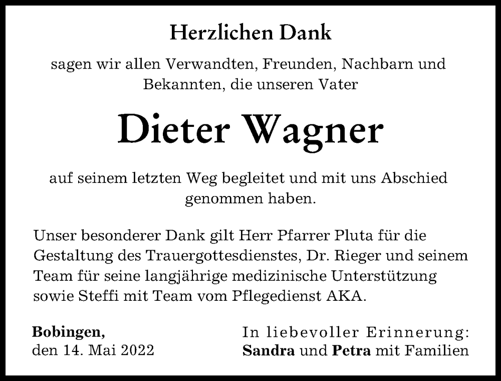 Traueranzeige von Dieter Wagner von Schwabmünchner Allgemeine