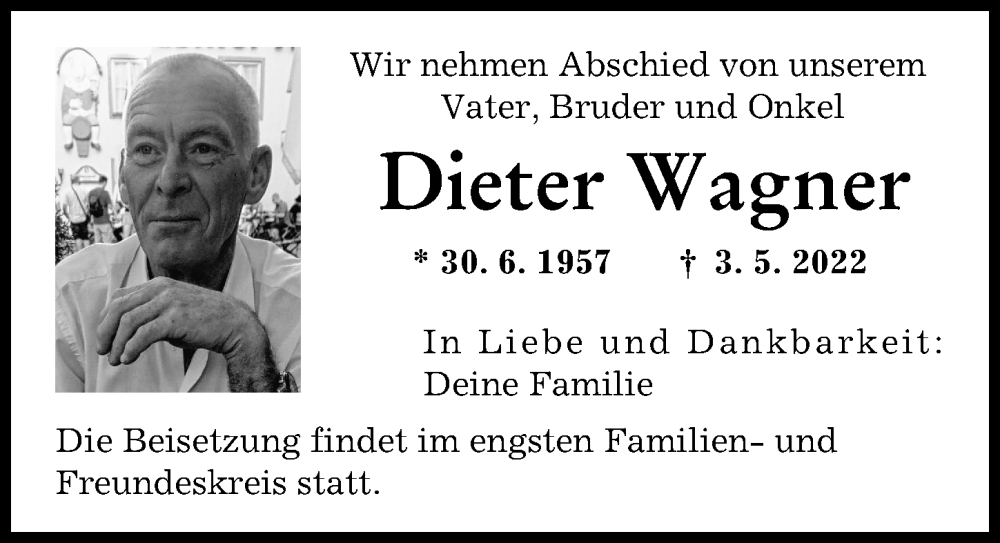 Traueranzeige von Dieter Wagner von Augsburger Allgemeine