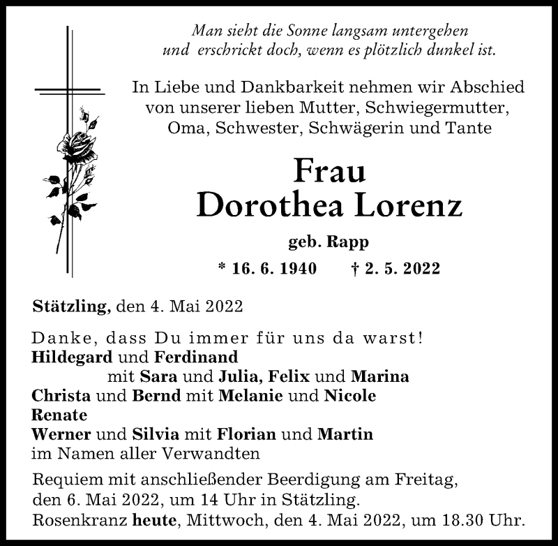Traueranzeige von Dorothea Lorenz von Augsburger Allgemeine