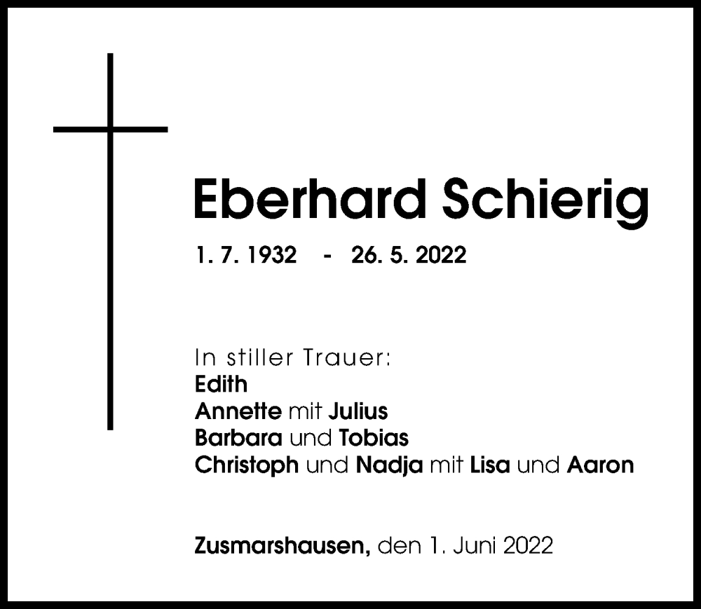 Traueranzeige von Eberhard Schierig von Augsburg-Land