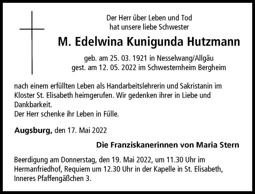 Traueranzeige von Edelwina Kunigunda Hutzmann von Augsburger Allgemeine