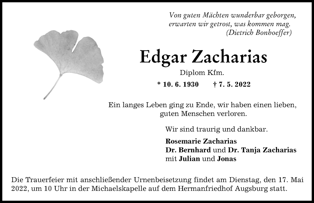 Traueranzeige von Edgar Zacharias von Augsburger Allgemeine