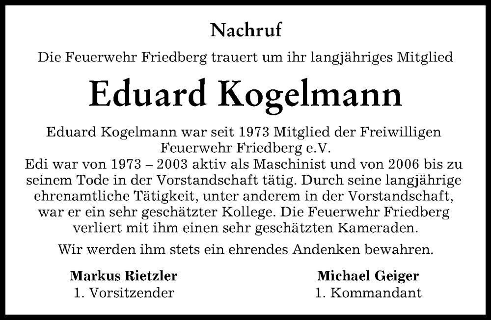 Traueranzeige von Eduard Kogelmann von Friedberger Allgemeine