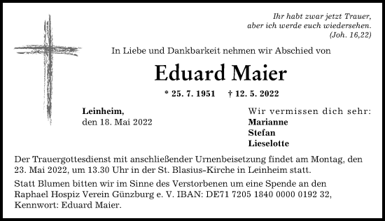 Traueranzeige von Eduard Maier von Günzburger Zeitung