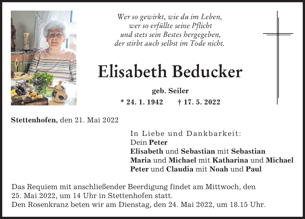 Traueranzeige für Elisabeth Beducker vom 21.05.2022 aus Augsburger Allgemeine