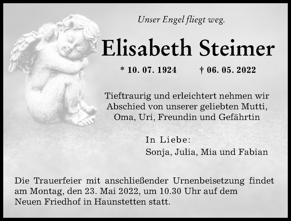 Traueranzeige von Elisabeth Steimer von Augsburger Allgemeine