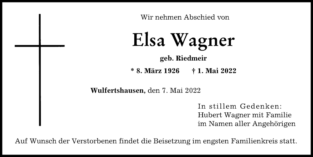 Traueranzeige von Elsa Wagner von Augsburger Allgemeine