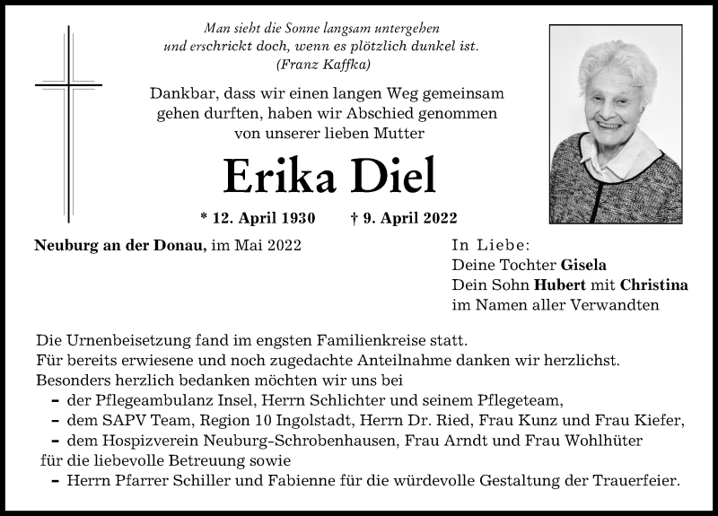  Traueranzeige für Erika Diel vom 04.05.2022 aus Neuburger Rundschau