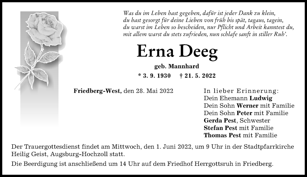 Traueranzeige von Erna Deeg von Friedberger Allgemeine