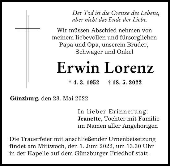 Traueranzeige von Erwin Lorenz von Donau Zeitung, Günzburger Zeitung