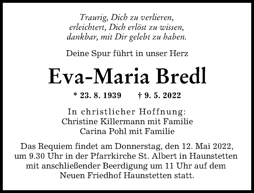 Traueranzeige von Eva-Maria Bredl von Augsburger Allgemeine