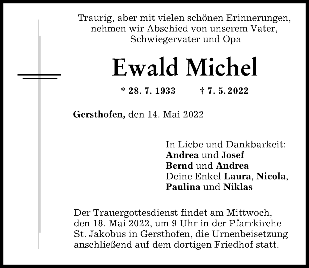 Traueranzeige von Ewald Michel von Augsburger Allgemeine