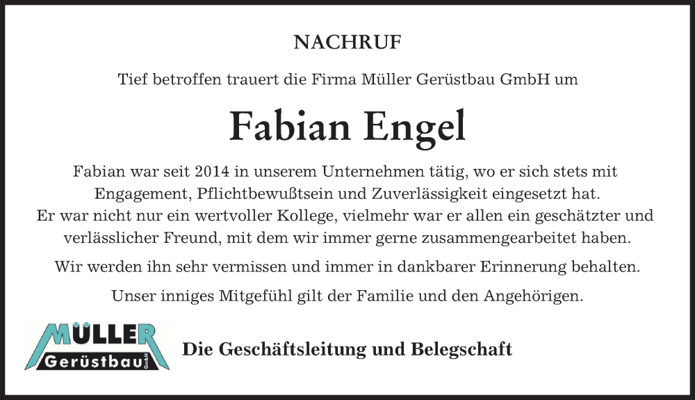  Traueranzeige für Fabian Engel vom 27.05.2022 aus Donau Zeitung