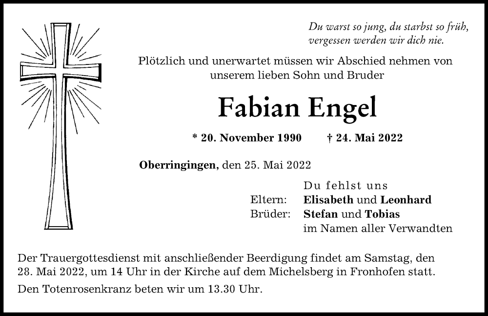  Traueranzeige für Fabian Engel vom 25.05.2022 aus Rieser Nachrichten, Donau Zeitung