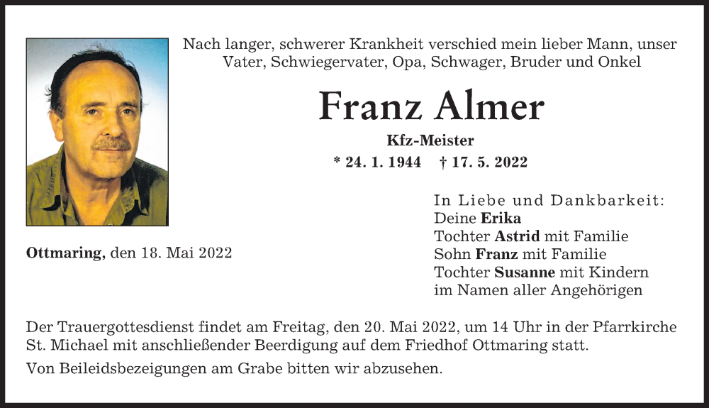  Traueranzeige für Franz Almer vom 18.05.2022 aus Friedberger Allgemeine