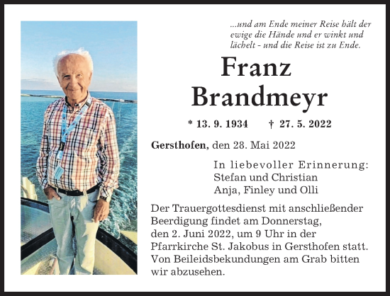 Traueranzeige von Franz Brandmeyr von Augsburger Allgemeine