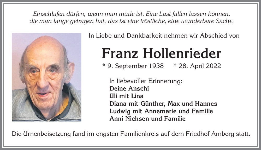 Traueranzeige für Franz Hollenrieder vom 12.05.2022 aus Mindelheimer Zeitung