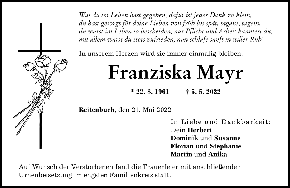 Traueranzeige von Franziska Mayr von Augsburger Allgemeine