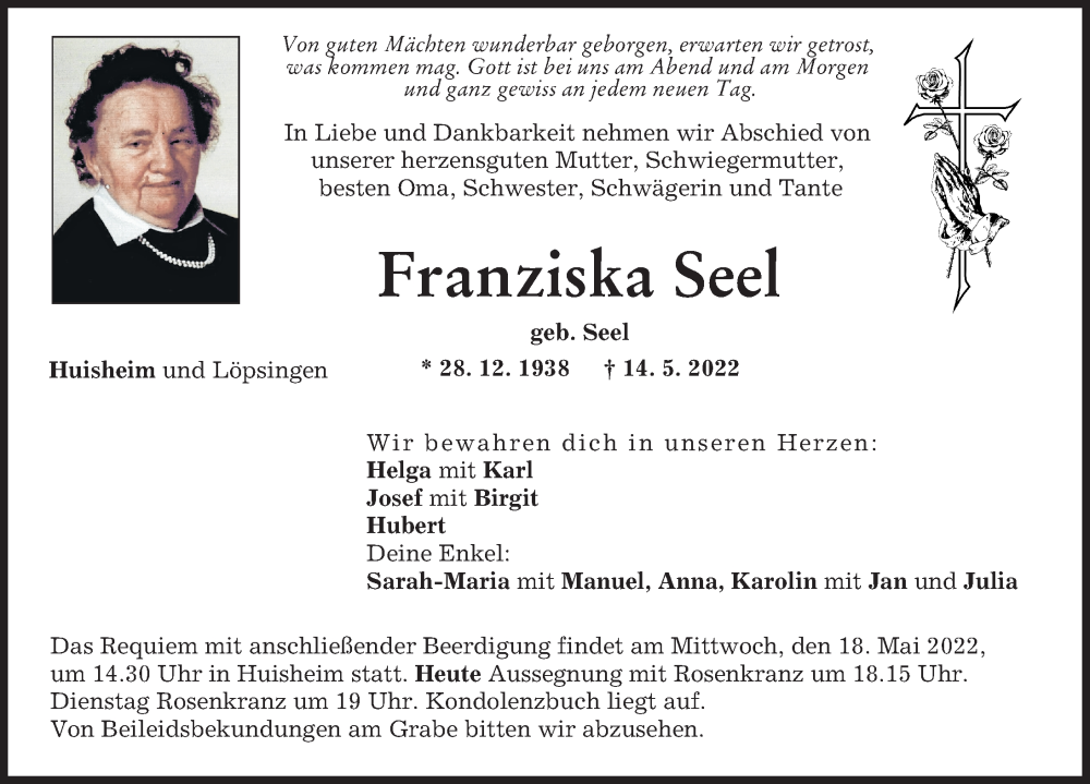  Traueranzeige für Franziska Seel vom 16.05.2022 aus Donauwörther Zeitung