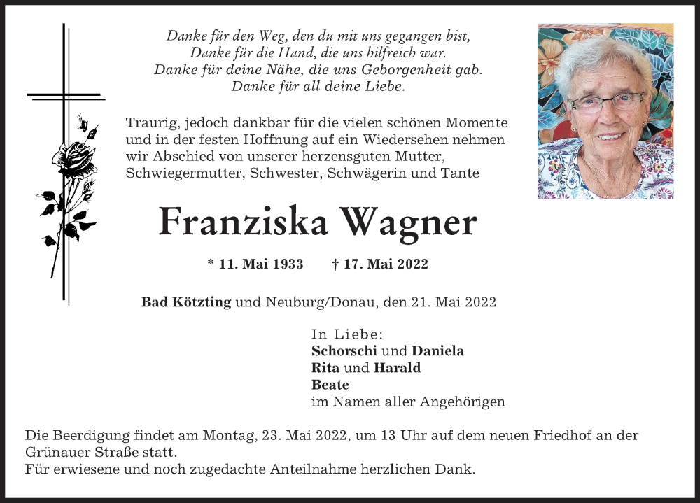 Traueranzeige von Franziska Wagner von Neuburger Rundschau