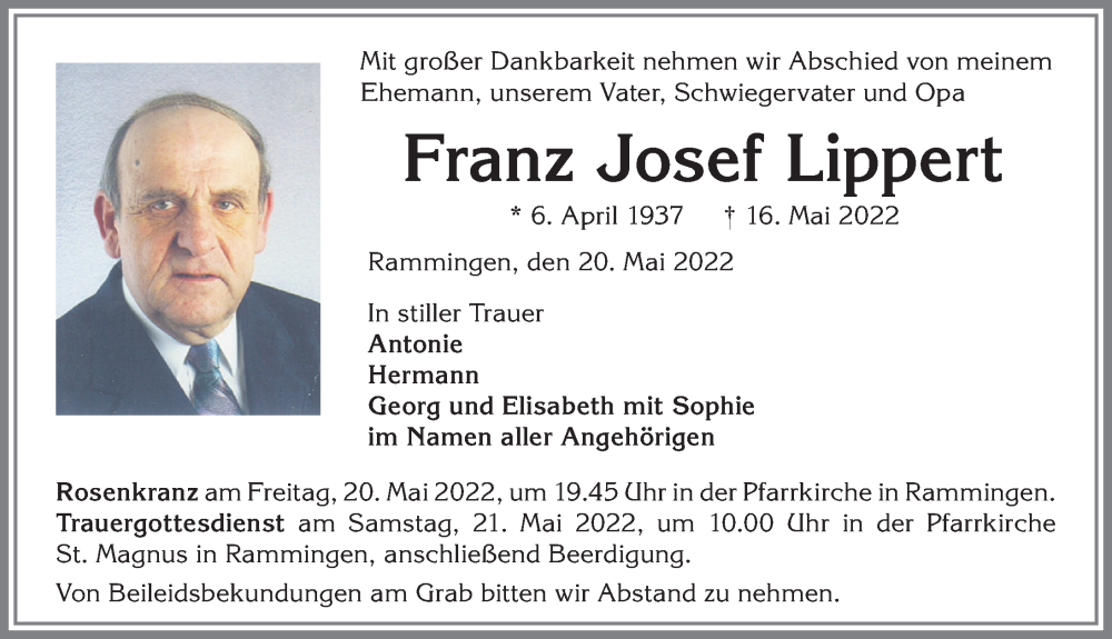 Traueranzeige für Franz Josef Lippert vom 20.05.2022 aus Mindelheimer Zeitung