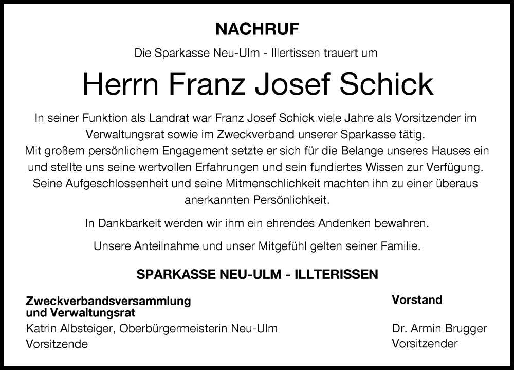 Traueranzeige für Franz Josef Schick vom 23.04.2022 aus Illertisser Zeitung, Neu-Ulmer Zeitung