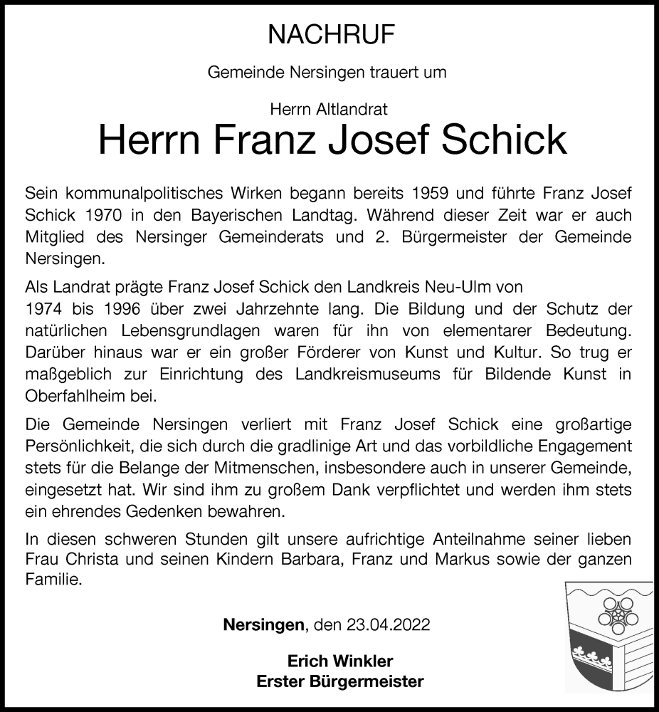  Traueranzeige für Franz Josef Schick vom 23.04.2022 aus Neu-Ulmer Zeitung