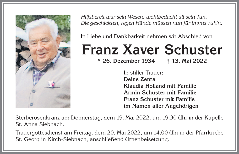 Traueranzeige von Franz Xaver Schuster von Mindelheimer Zeitung