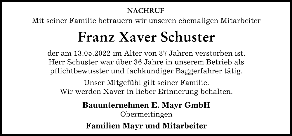Traueranzeige von Franz Xaver Schuster von Mindelheimer Zeitung, Schwabmünchner Allgemeine
