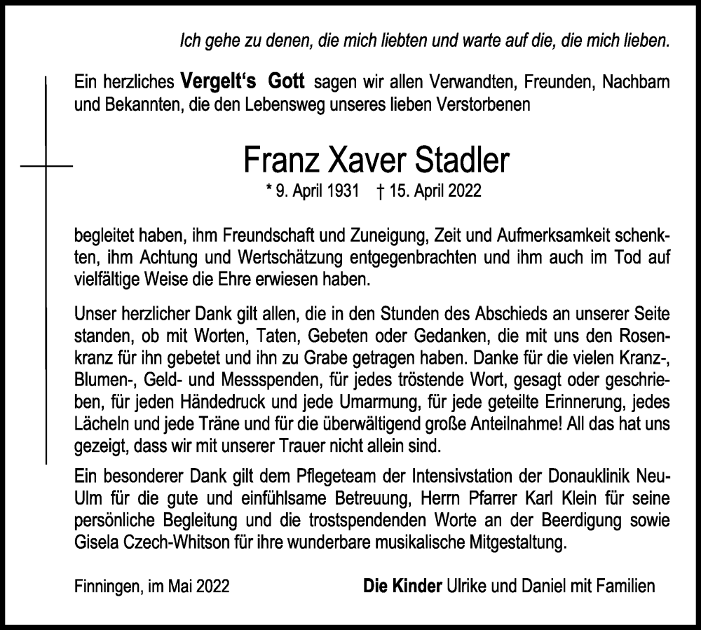 Traueranzeige von Franz Xaver Stadler von Neu-Ulmer Zeitung