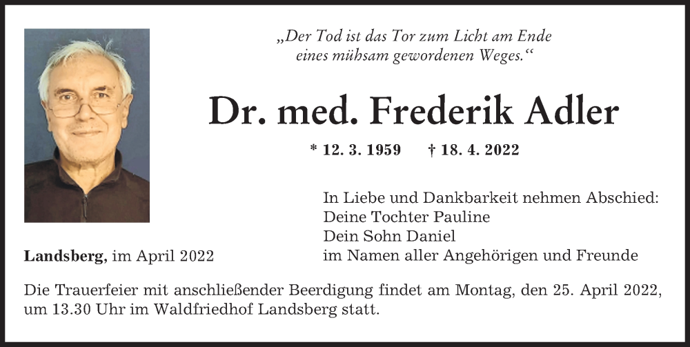  Traueranzeige für Frederik Adler vom 23.04.2022 aus Landsberger Tagblatt