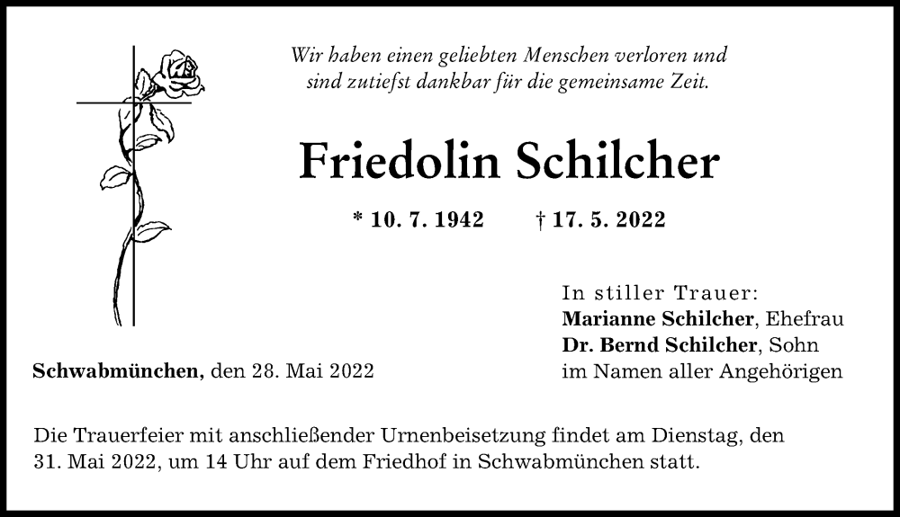 Traueranzeige von Friedolin Schilcher von Schwabmünchner Allgemeine