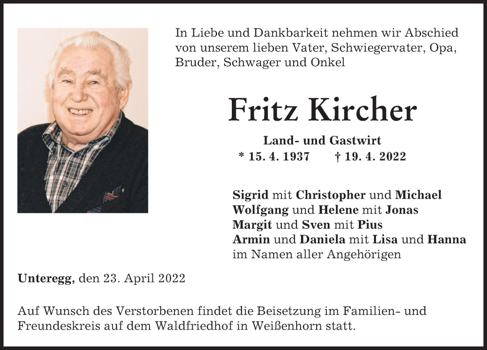 Traueranzeige von Fritz Kircher von Neu-Ulmer Zeitung, Günzburger Zeitung