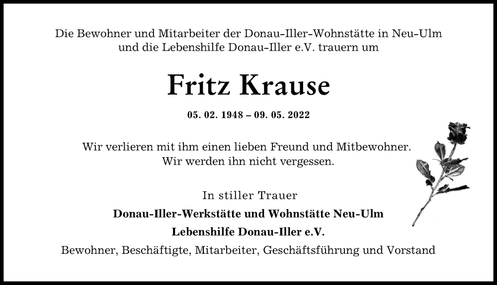 Traueranzeige von Fritz Krause von Neu-Ulmer Zeitung