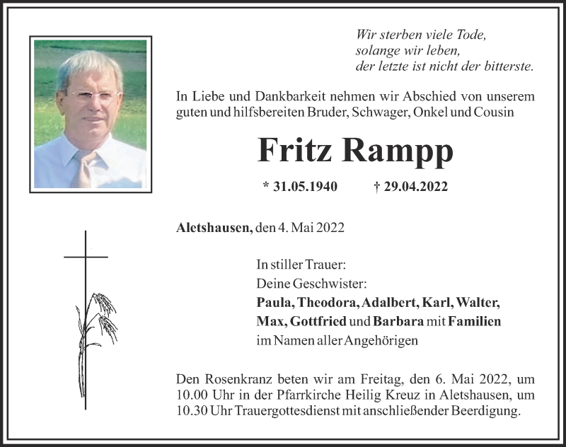 Traueranzeige von Fritz Rampp von Mittelschwäbische Nachrichten