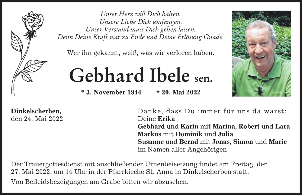  Traueranzeige für Gebhard Ibele sen.  vom 24.05.2022 aus Augsburg-Land