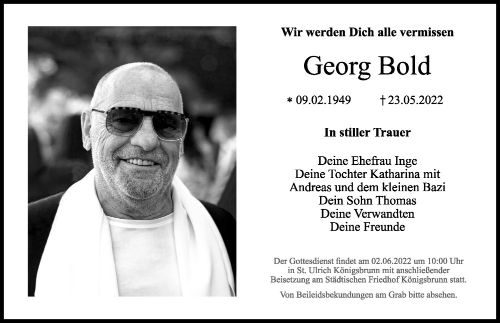 Traueranzeige für Georg Bold vom 28.05.2022 aus Augsburger Allgemeine