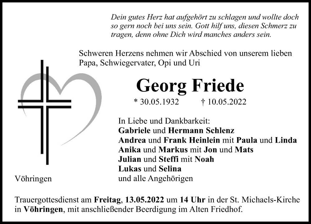 Traueranzeige für Georg Friede vom 12.05.2022 aus Illertisser Zeitung
