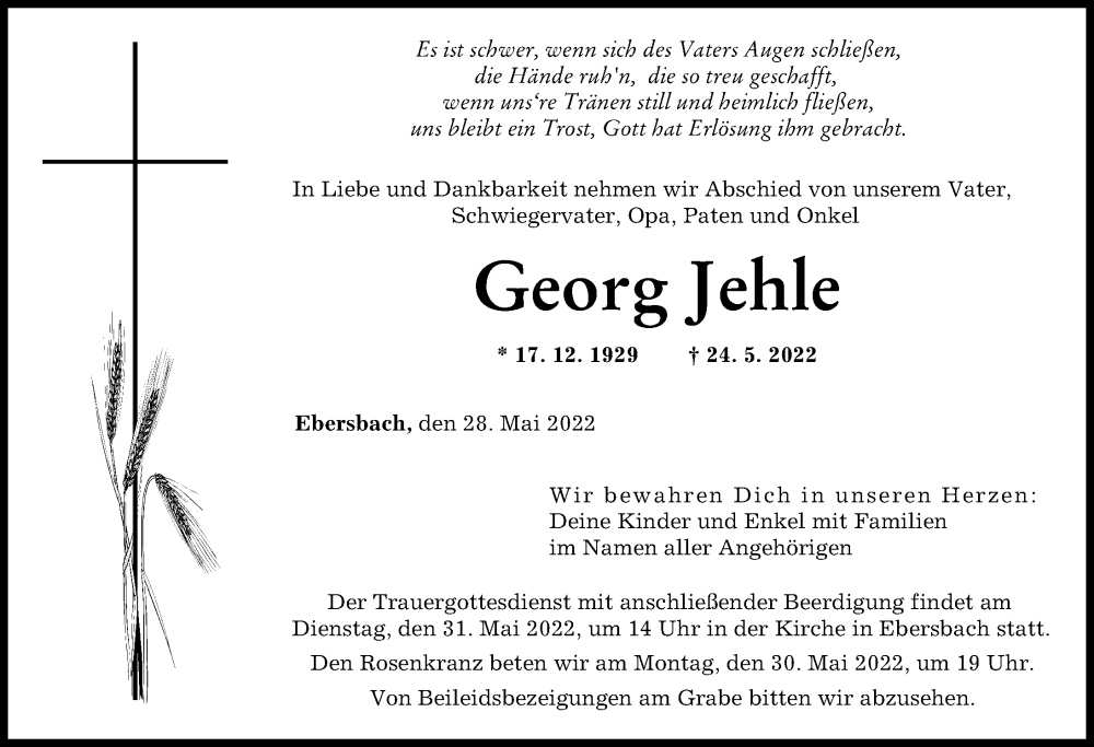 Traueranzeige von Georg Jehle von Günzburger Zeitung