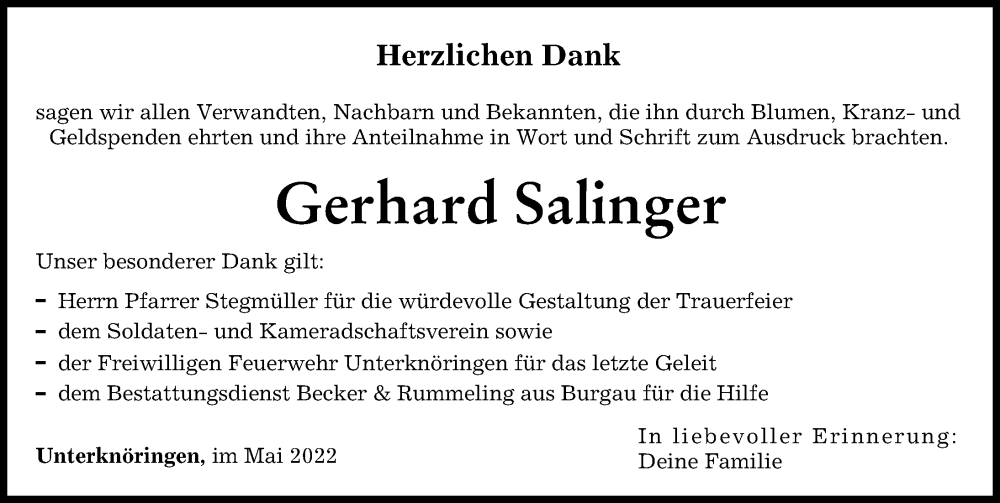 Traueranzeige von Gerhard Salinger von Günzburger Zeitung