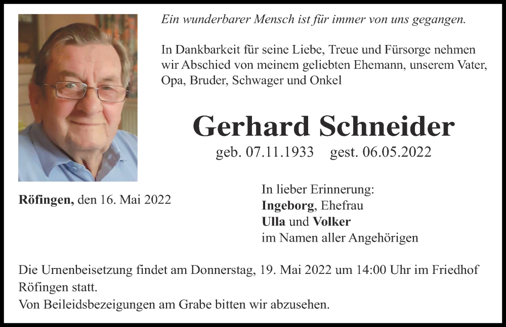 Traueranzeige von Gerhard Schneider von Günzburger Zeitung