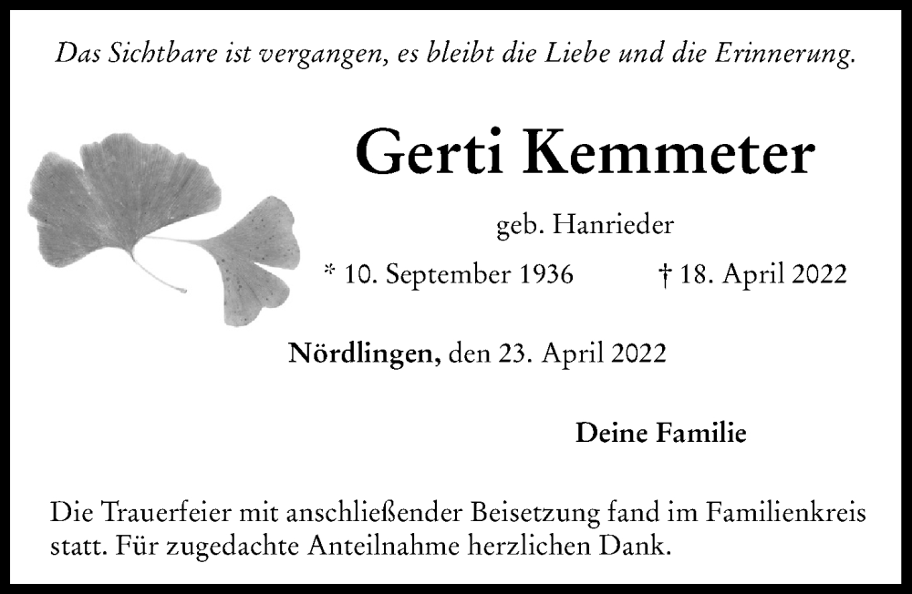 Traueranzeige von Gerti Kemmeter von Rieser Nachrichten