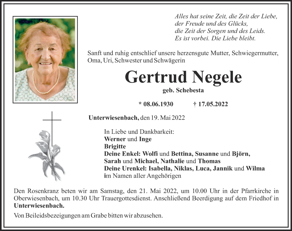  Traueranzeige für Gertrud Negele vom 19.05.2022 aus Mittelschwäbische Nachrichten