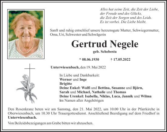 Traueranzeige von Gertrud Negele von Mittelschwäbische Nachrichten