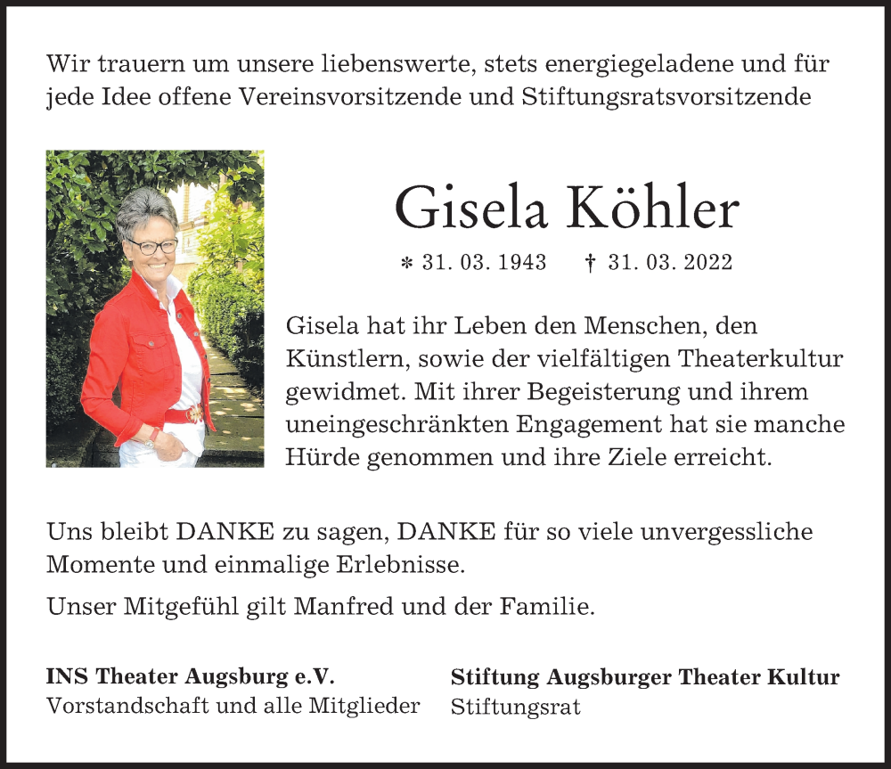 Traueranzeige von Gisela Köhler von Augsburger Allgemeine