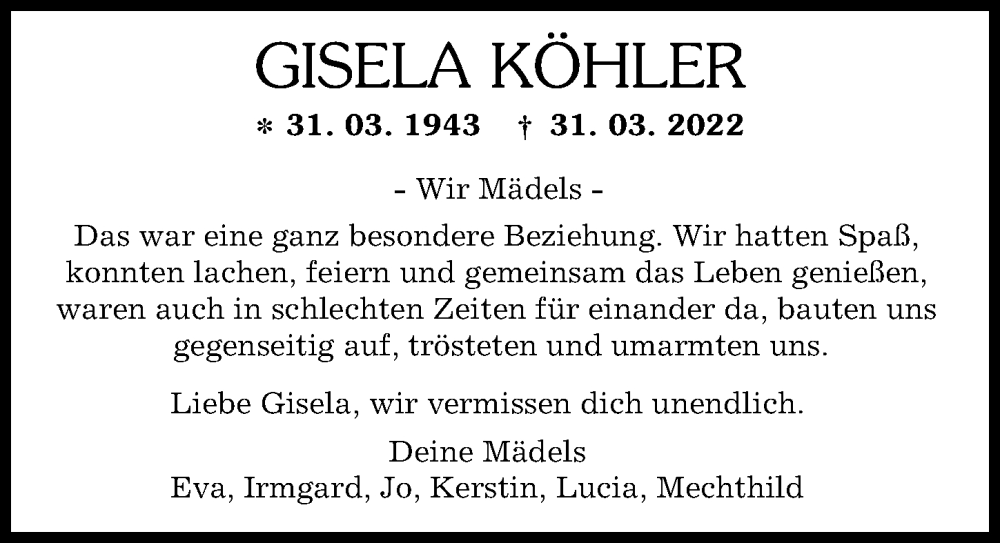 Traueranzeige von Gisela Köhler von Augsburger Allgemeine