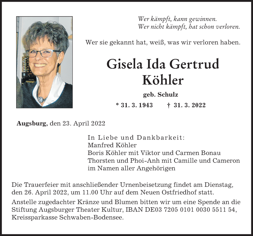 Traueranzeigen Von Gisela Ida Gertrud Augsburger Allgemeine Zeitung