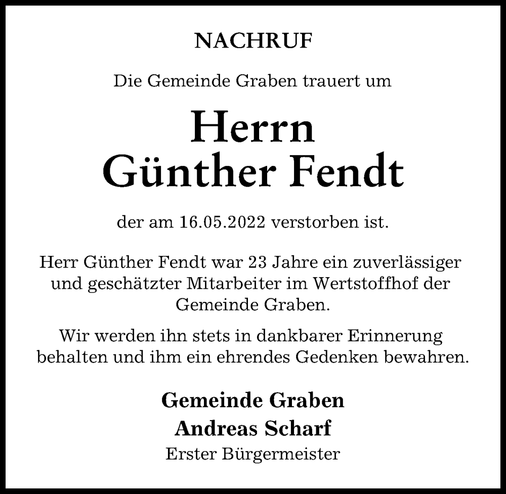 Traueranzeige von Günther Fendt von Schwabmünchner Allgemeine