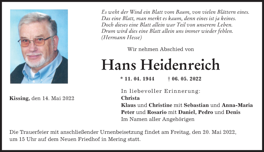  Traueranzeige für Hans Heidenreich vom 14.05.2022 aus Friedberger Allgemeine